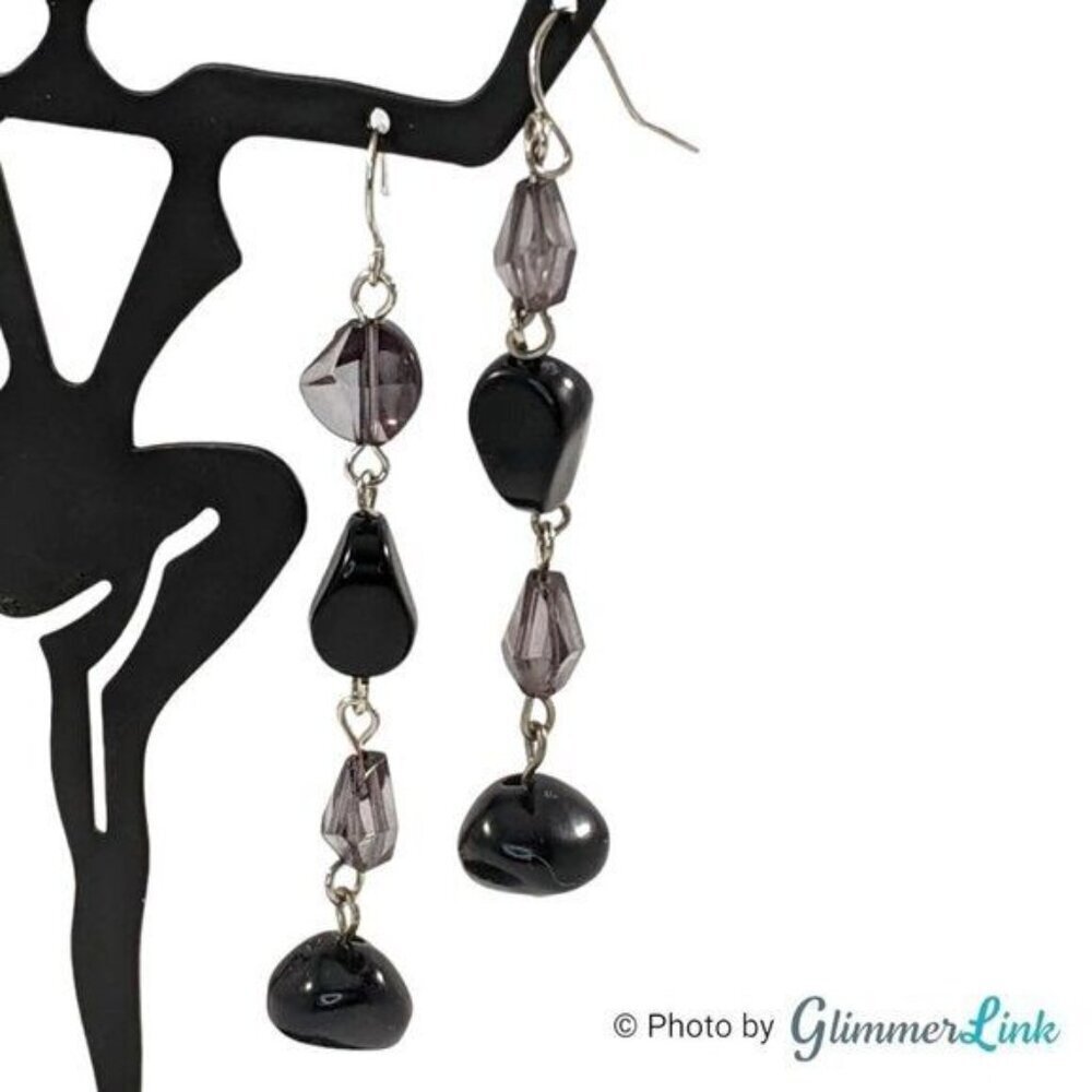 Tiered Silver Tone Dangle Black Gray Beaded Earrings